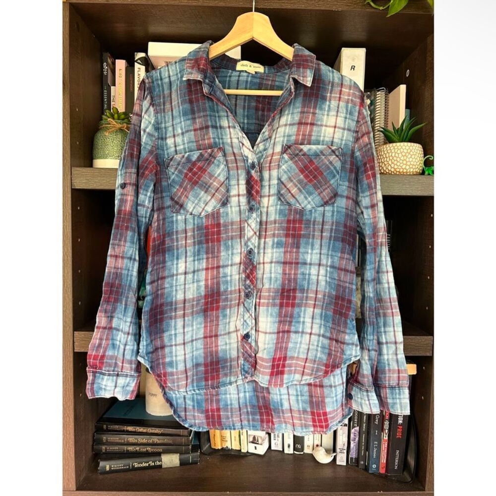 Anthropologie Cloth & Stone Washed Blue & Red Plaid Button Front Top Small